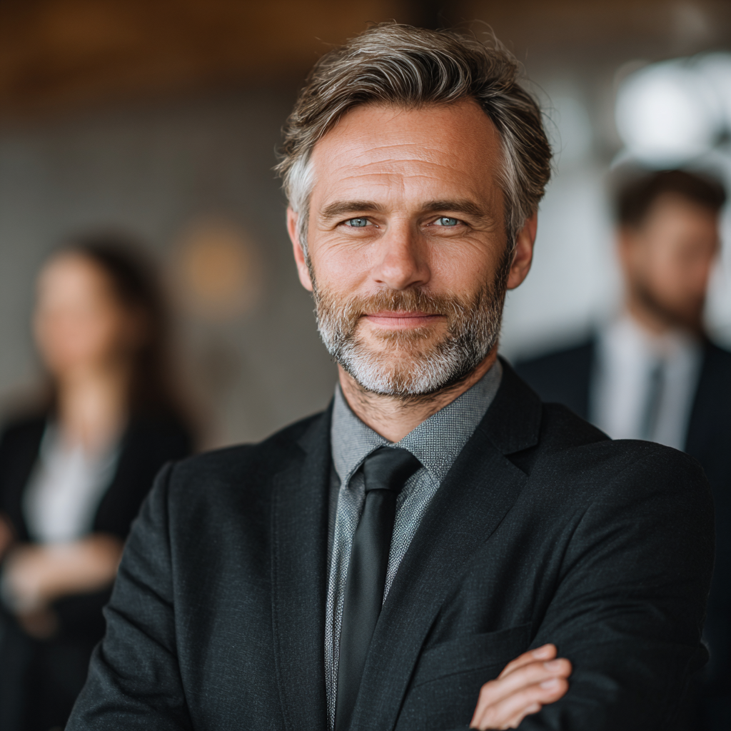 Confident man in business attire displaying strong leadership presence in professional environment