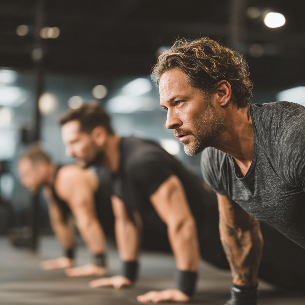 Group of determined men training together in modern fitness facility showing teamwork and mutual support