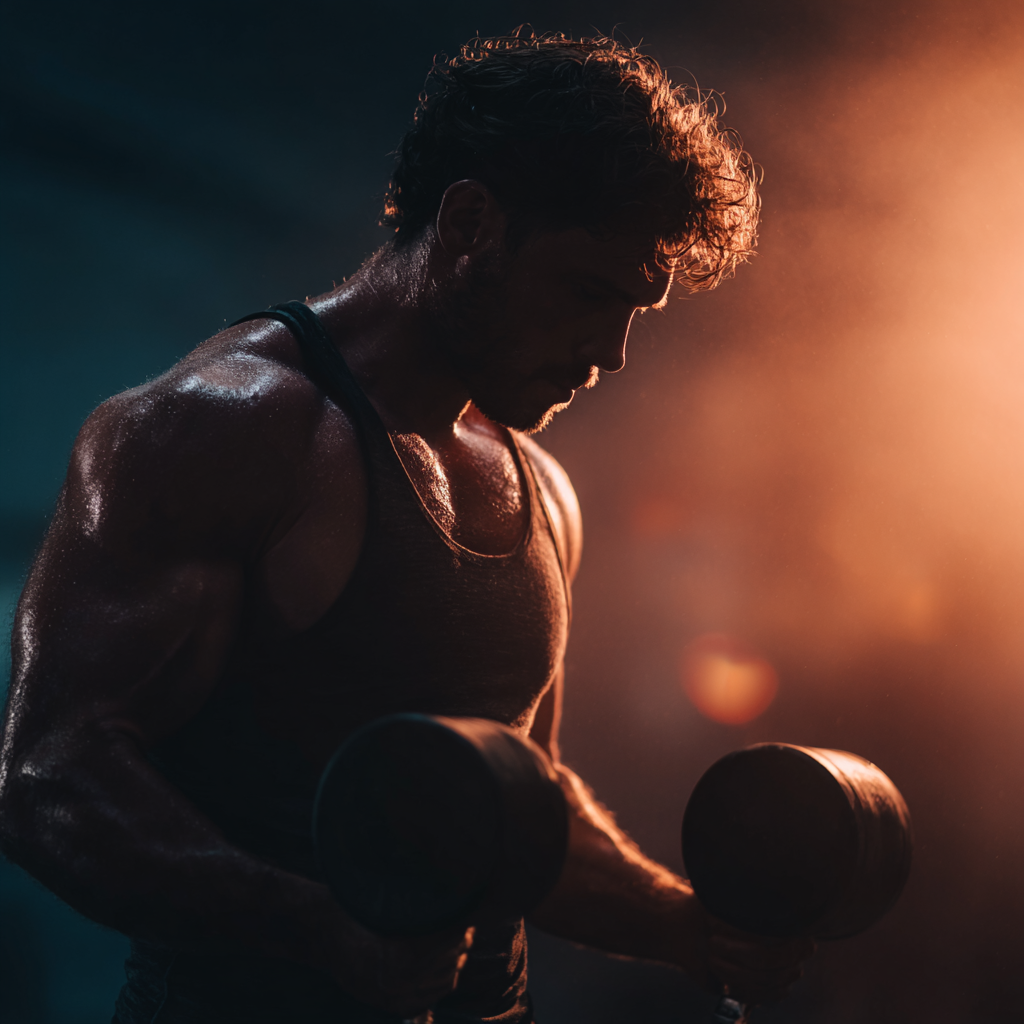 Strong focused man working out with weights in modern gym with dramatic lighting